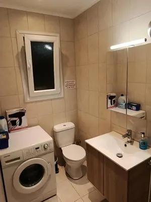 a bathroom with a toilet and a sink and a washing machine at Alimos Apartments in Athens