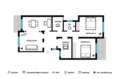 a floor plan of a house at Unique 2BR Apartment in Filothei by UPSTREET in Athens