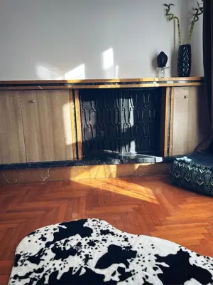 a room with a black and white rug on a wooden floor at Seaside apartment in Flisvos marina in Athens