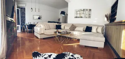 a living room with a couch and a dog laying on the floor at Seaside apartment in Flisvos marina in Athens