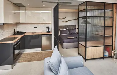 a kitchen and a living room with a couch at THE VAULT Brand New Loft in Athens Historic Center in Athens