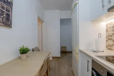 a kitchen with a counter top and a refrigerator at Kallithea Gardenspot in Athens