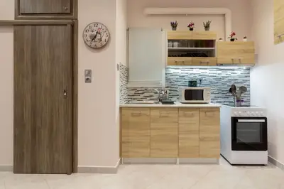 a kitchen with a stove and a microwave at Sirens Athens Apartment in Athens