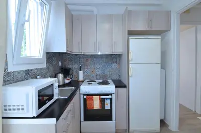 a kitchen with a white refrigerator and a microwave at A heart apartment at Skouze Hill, Dirrachiou in Athens