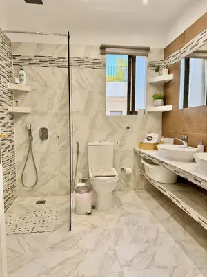 a bathroom with a shower and a toilet and a sink at Villasonboard 3 Bed Penthouse Veranda Beach view jacuzzi Vouliagmeni Riviera in Athens