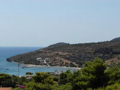 a view of the beach from the hill at Eri Studios in Agia Marina Aegina