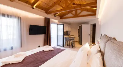 a bedroom with a large bed with a tv on the wall at Paleo Suites in Athens