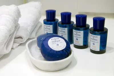 a blue bottle of soap in a bowl on a counter with four bottles at Athenais Luxury Apartment in Athens