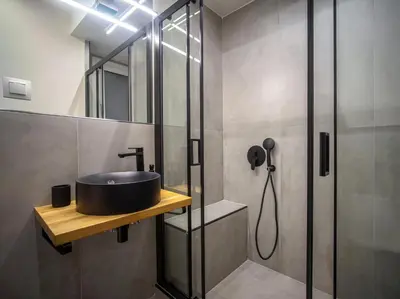 a bathroom with a sink and a shower at 