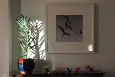 a table with a plant and a picture on the wall at Cicada 's Song in Athens