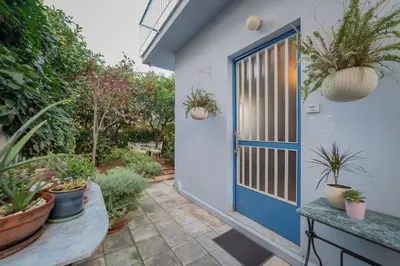 a blue door with potted plants on a patio at Vintage-style Garden Apartment in Athens