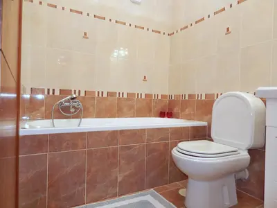 a bathroom with a toilet and a bath tub at ΟΔΥΣΣΕΙΑ, κοντά σε αεροδρόμιο, λιμάνια και θάλασσες in Keratea