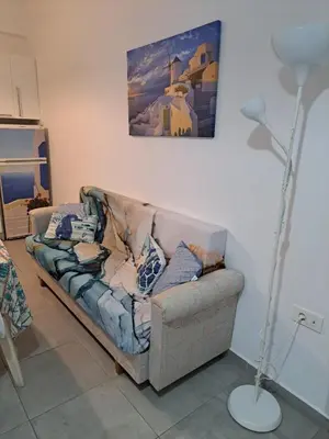 a couch in a living room with a painting on the wall at Landscape luxury flat Psyrri square in Athens