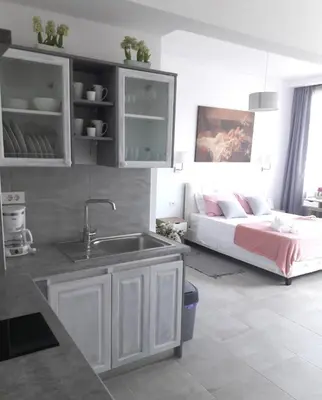 a kitchen with a sink and a bed in a room at Fedias Luxury flat Psyrri square in Athens