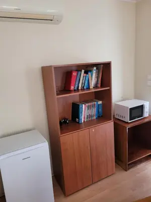 a book shelf with a microwave and a refrigerator at Agia Paraskevi luxury loft in Athens