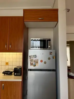 a white refrigerator with a microwave on top of it at Ageliki's Athens Apartment in Athens