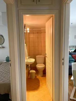 a bathroom with a toilet and a sink at Ageliki's Athens Apartment in Athens