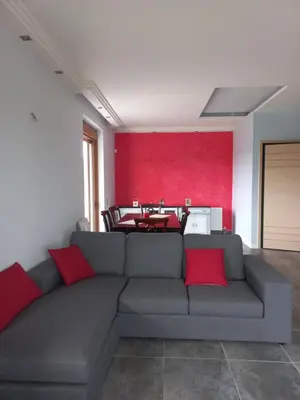 a living room with a gray couch with red pillows at summer-house in Metókhi