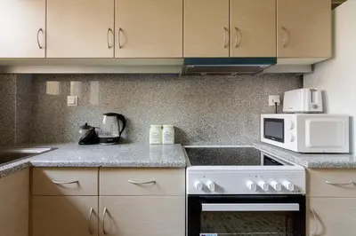 a kitchen with a stove and a microwave at Bright and Spacious 2-bedroom Apartment in Athens in Athens