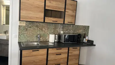 a kitchen with a sink and a microwave at Nikis Penthouse in Athens
