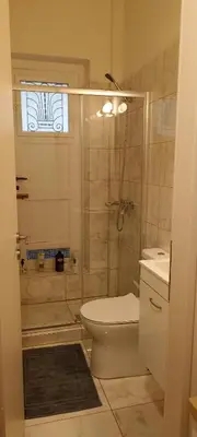 a bathroom with a shower and a toilet and a sink at Amerikis Street 1 bedroom apartment in Athens