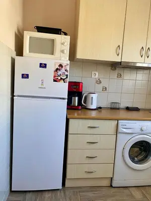a kitchen with a white refrigerator and a microwave at Charming flat with an amazing view in Athens