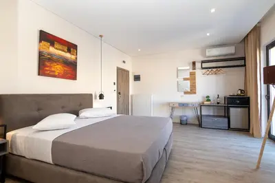 a bedroom with a bed and a desk in it at Dunlin Hotel in Athens