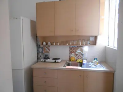 a small kitchen with wooden cabinets and a sink at JiMMYS STUDIO, KALIMARMARO in Athens