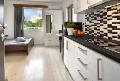 a kitchen with a counter with a bowl of fruit on it at Cozy Bright Studio in Athens