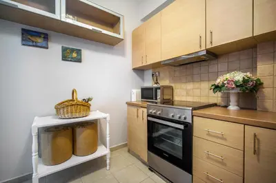 a kitchen with a stove and a microwave at Luxury Apartment Marina Zeas Piraeus - Balcony - Near Port in Piraeus