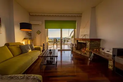 a living room with a couch and a fireplace at Alimos - Sea View Apartment in Athens