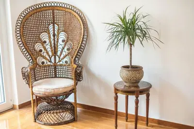 a rattan chair and a table with a potted plant at Casa Pamisou near Attiki metro station in Athens