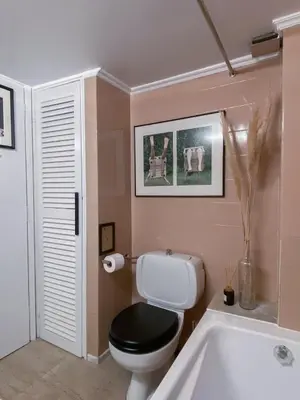a bathroom with a toilet and a bath tub at Nina's cozy apartment in Mikrolimano in Piraeus