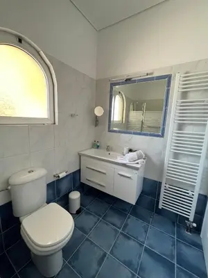 a bathroom with a toilet and a sink and a mirror at ILION Air Host - near Athens International Airport in Markopoulo
