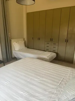two beds in a room with cabinets andermottermott at ILION Air Host - near Athens International Airport in Markopoulo