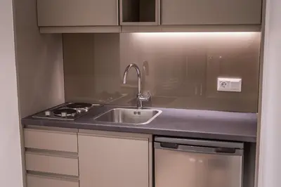 a kitchen with a sink and a stove at Millennial Apartments Trikoupi in Athens