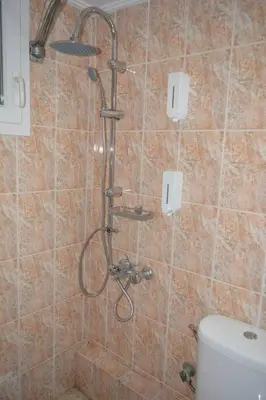 a shower in a bathroom with a toilet at Pagrati apartment Διαμέρισμα Παγκράτι in Athens
