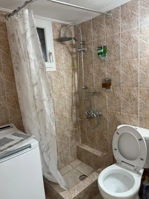 a bathroom with a shower and a toilet at Pagrati apartment Διαμέρισμα Παγκράτι in Athens
