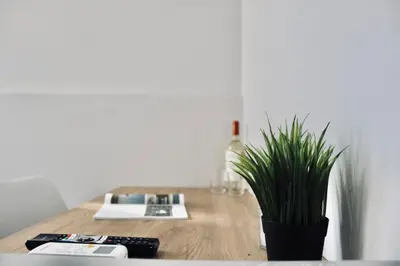 a wooden table with a potted plant and a bottle of wine at Navitas House in Athens