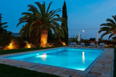 a swimming pool at night with chairs and a palm tree at Kamariyo Athens Riviera by A&D Properties in Palaiá Fókaia