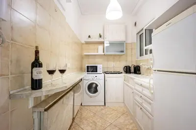 a kitchen with a washer and dryer and two glasses of wine at Cozy Studio by the sea in Paleo Faliro in Athens