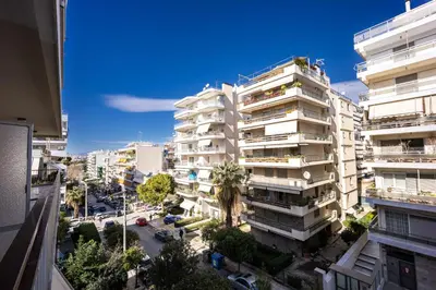an overhead view of a city with tall buildings at Cozy Studio by the sea in Paleo Faliro in Athens