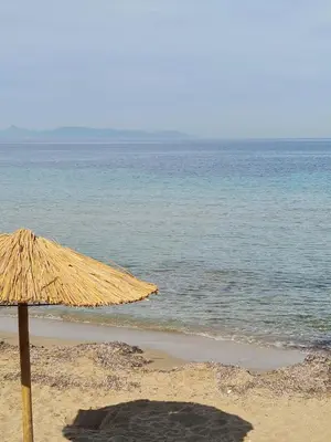 a straw umbrella on a beach with the ocean at Riviera Studio in Athens