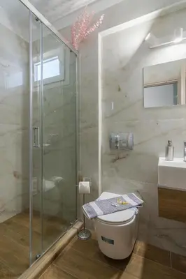 a bathroom with a shower and a toilet and a sink at Aphrodite Apartment in Athens