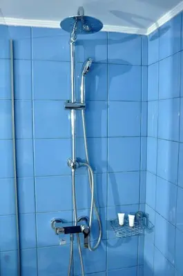 a shower in a blue tiled bathroom at Koukaki sunshine roof apartment in Athens