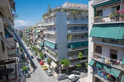 an overhead view of a city street with cars and buildings at Marianna's Stylish Brand New Apt in the heart of Athens in Athens