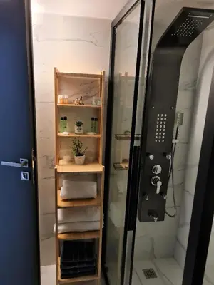 a shower with a mirror and a shelf with towels at Jenny's Dream Home -Acropolis Lux 2 Bedroom Apt, with Hot Tub, free Netflix, fast Wifi in Athens
