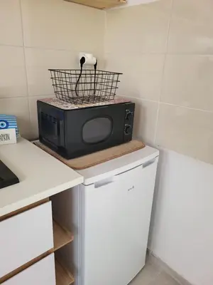 a microwave sitting on top of a counter in a kitchen at Viva La Veranda Apartment in Central Athens in Athens