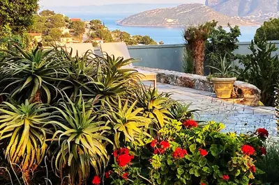 a garden with flowers and a view of the ocean at Villa-Agave , by the sea in Porto-Rafti outside Athens in Porto Rafti