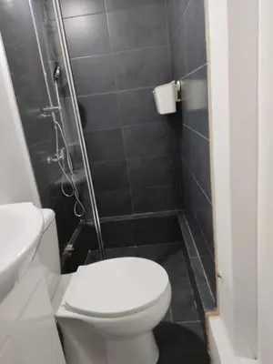 a small bathroom with a toilet and a shower at PURE URBAN METRO KATO PATISIA in Athens